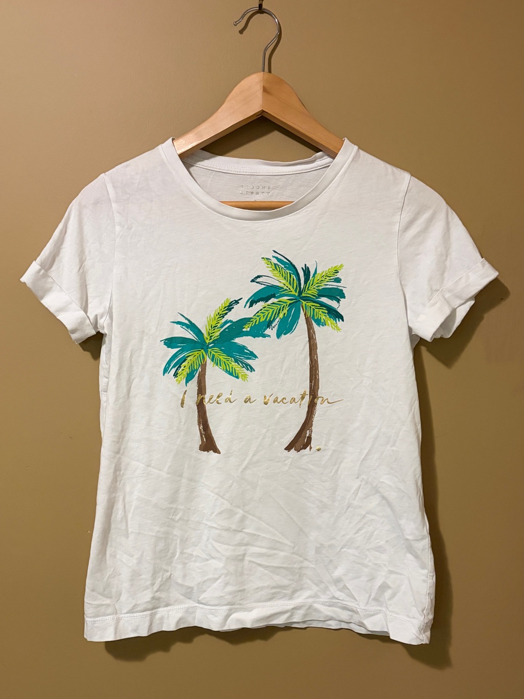 Kate Spade White Palm Tree Graphic Tee Shirt - 'I Need A Vacation'